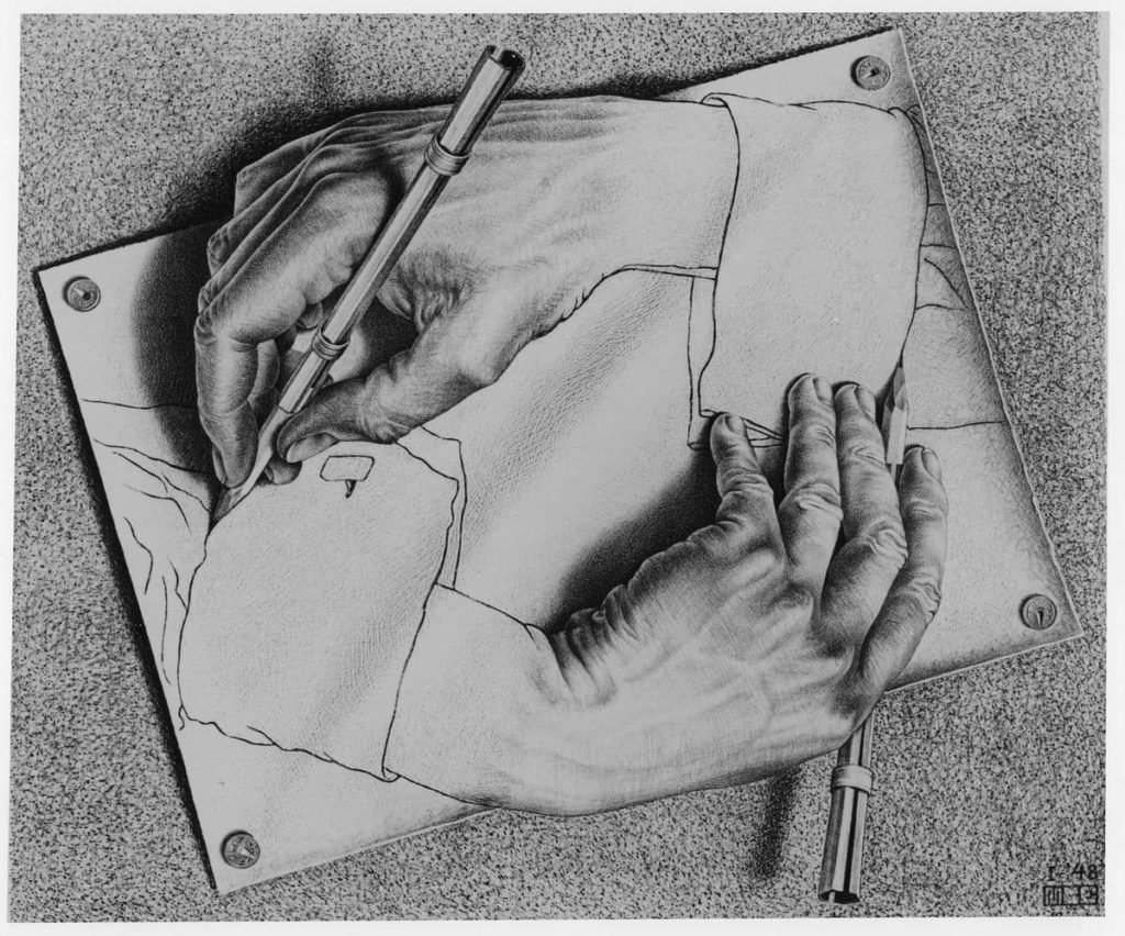 Les deux mains de Hofstadter : l'une écrit des dialogues, l'autre écrit des essais métamathématiques. M.C.Escher.