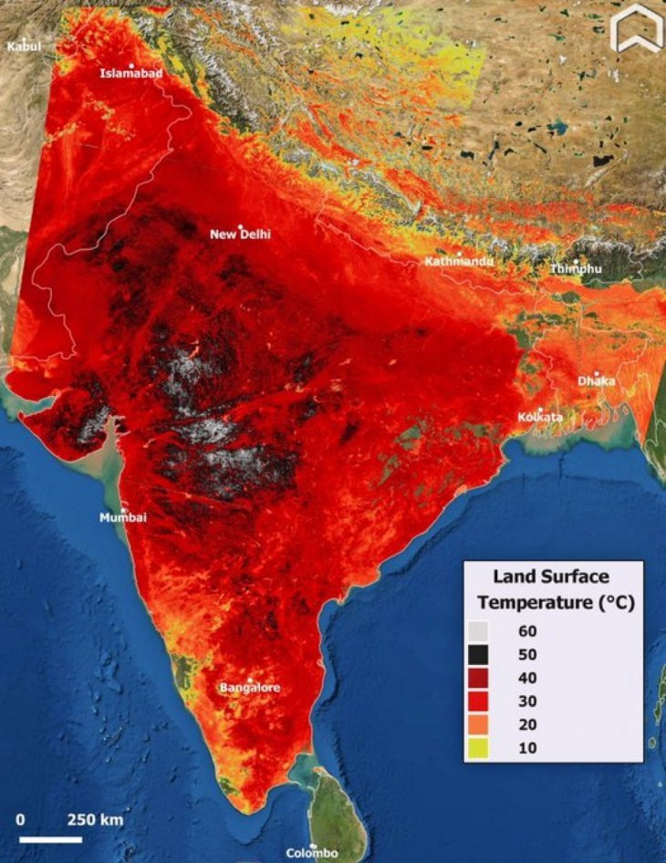 Carte de l"inde lors de la vague de chaleur de 2022, avec des températures de plus de 50 degrés.